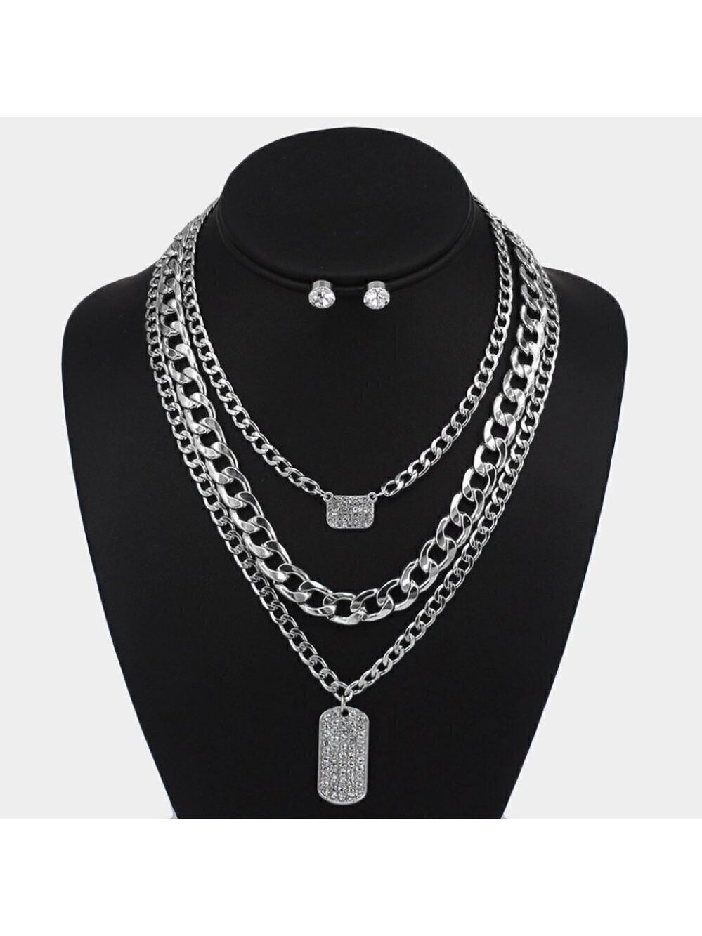 NEW 3 Pcs Silver Rhinestone Dog Tag Army Chunky Chain Necklace